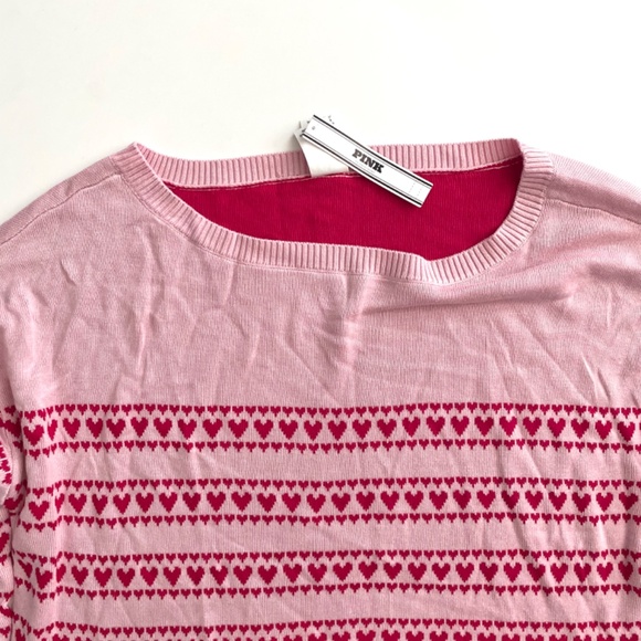 PINK Victoria's Secret Sweater Off Shoulder Pink Ivory Heart Loose NWT Small S - Picture 2 of 3